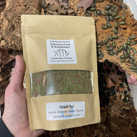 Package of Arthropod Feed & Supplement with Yellow Spot isopods on cork in background