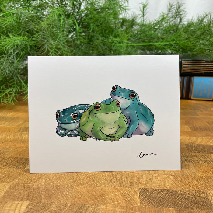 Tree Frogs Trio blank art card, White's Green Australian Tree Frogs