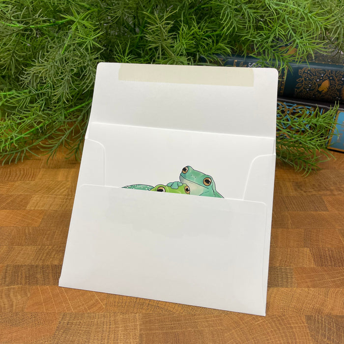 Tree Frogs Trio blank art card, White's Green Australian Tree Frogs