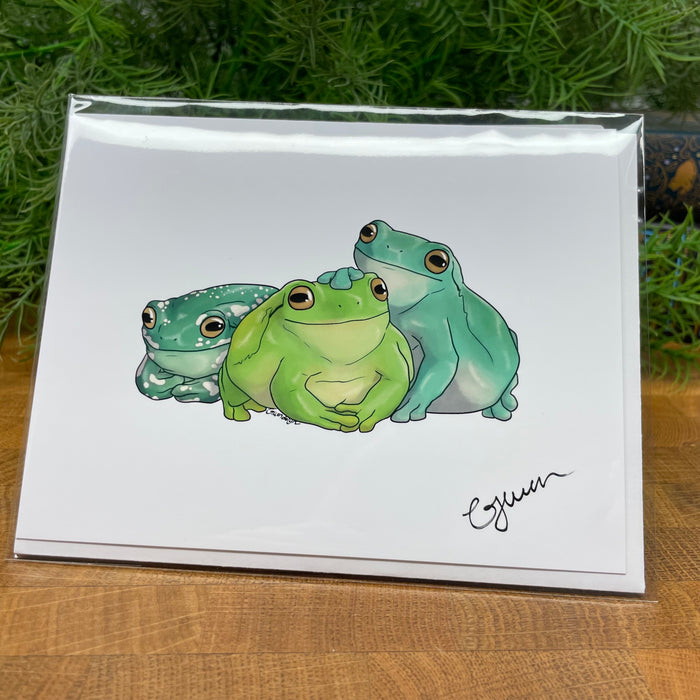 Tree Frogs Trio blank art card, White's Green Australian Tree Frogs