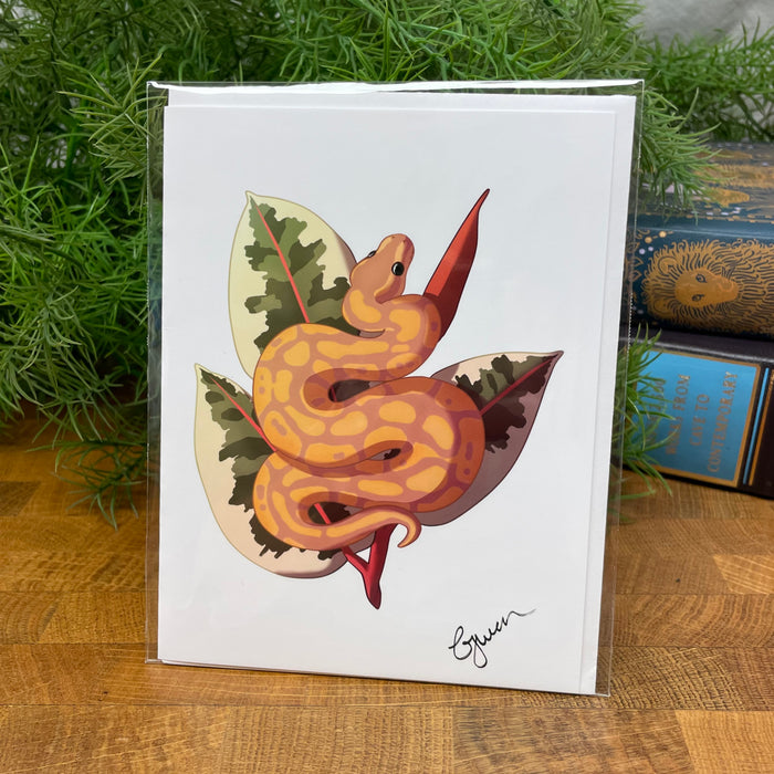 Banana Ball Python blank art card, Snake on Variegated Rubber Plant