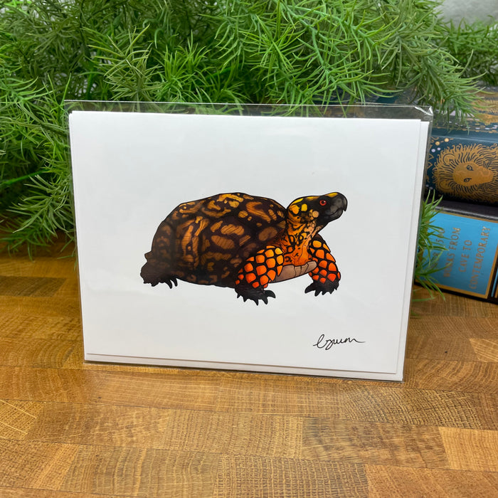Card with a turtle illustration packaged in clear bag with a white envelope, on a wooden surface with greenery in the background