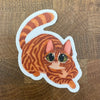 Die cut sticker of a tabby cat with green eyes photographed on a wooden surface