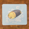 An illustration of a yellow and brown "rubber ducky" isopod, also called pill bugs, wood lice, or rollie pollies, on a blue background with bath bubbles.