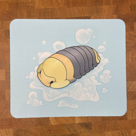 An illustration of a yellow and brown "rubber ducky" isopod, also called pill bugs, wood lice, or rollie pollies, on a blue background with bath bubbles.
