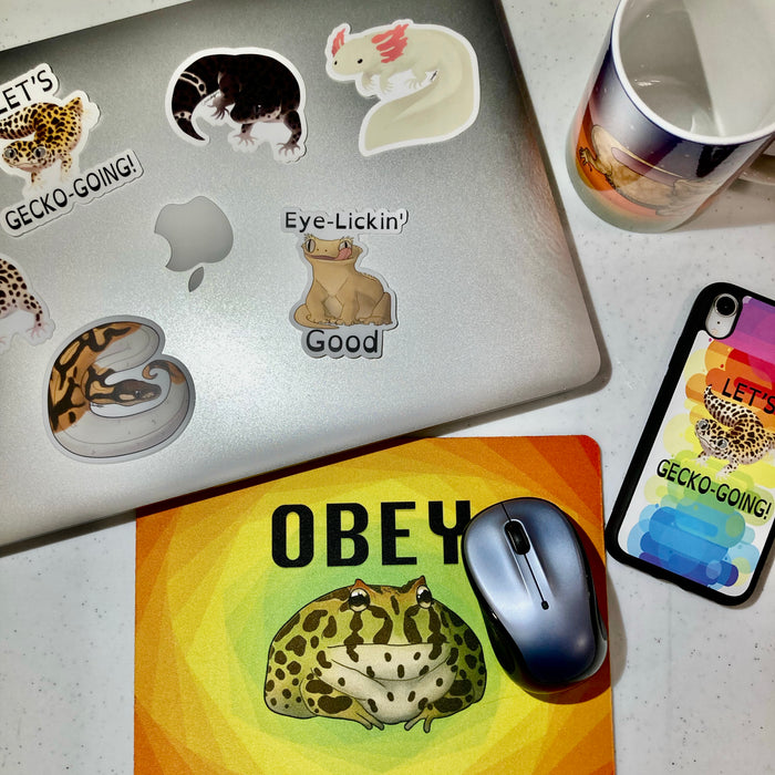 A laptop with stickers on it nest to a mousepad, a phone case, and a mug